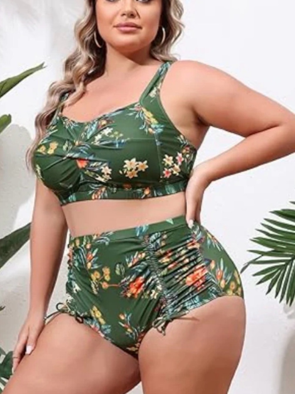 Plus Size Green Floral High-Waist Bikini Set by